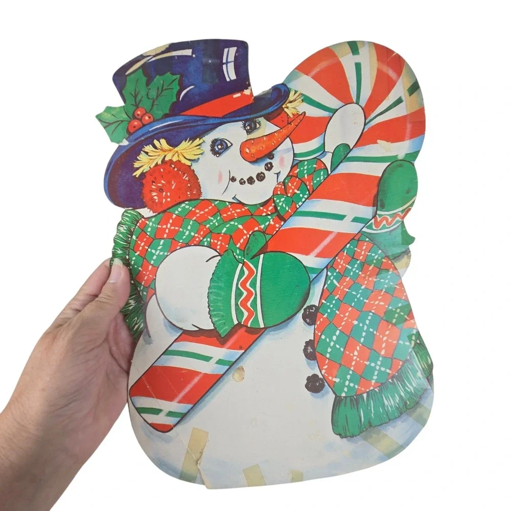 5 Vtg 60s Christmas Paper Cutouts Double Sided Snowman Reindeer Tree USA READ